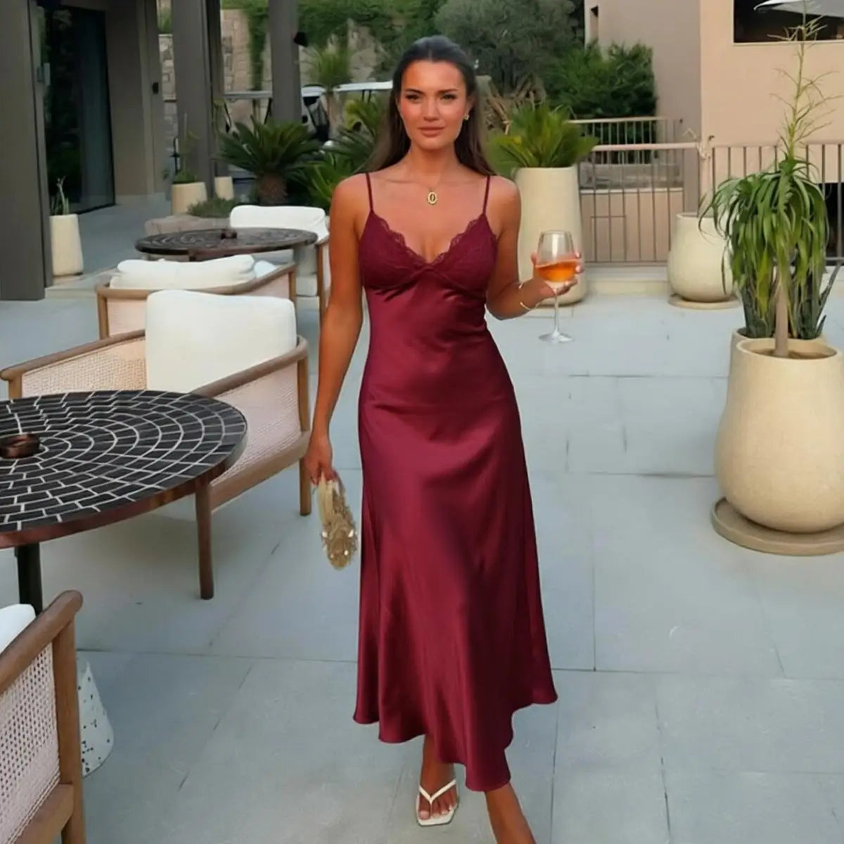 Butter Yellow Satin Bias Cut Lace Patchwork Midi Dress Women's V Neck Backless Suspenders Dresses 2026 New Dinner Party Vestidos