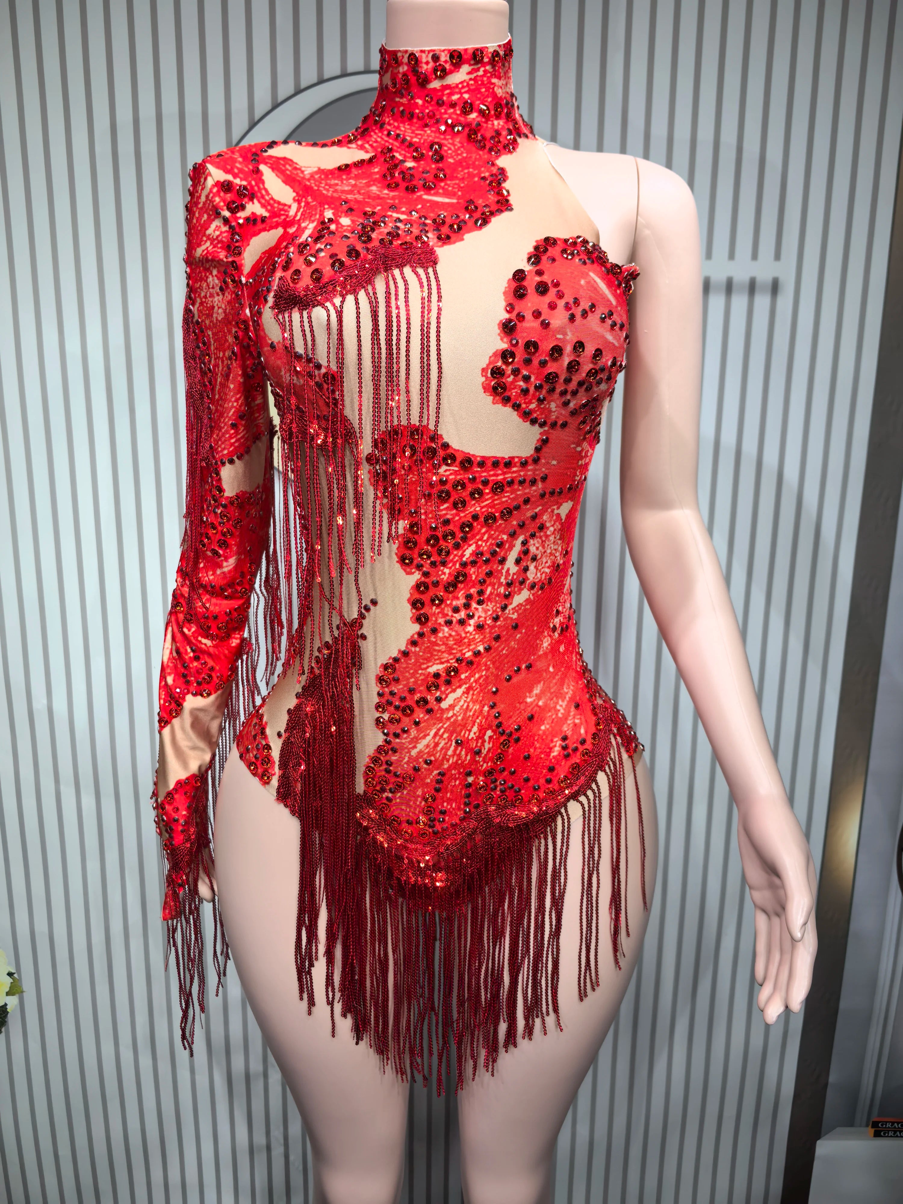 Sexy Elastic Rhinestone Tassel Party Bodysuit OutfiSet Women Nightclub Prom Crystal Fringe LeotardDance Stage Wear Nainiang Q025