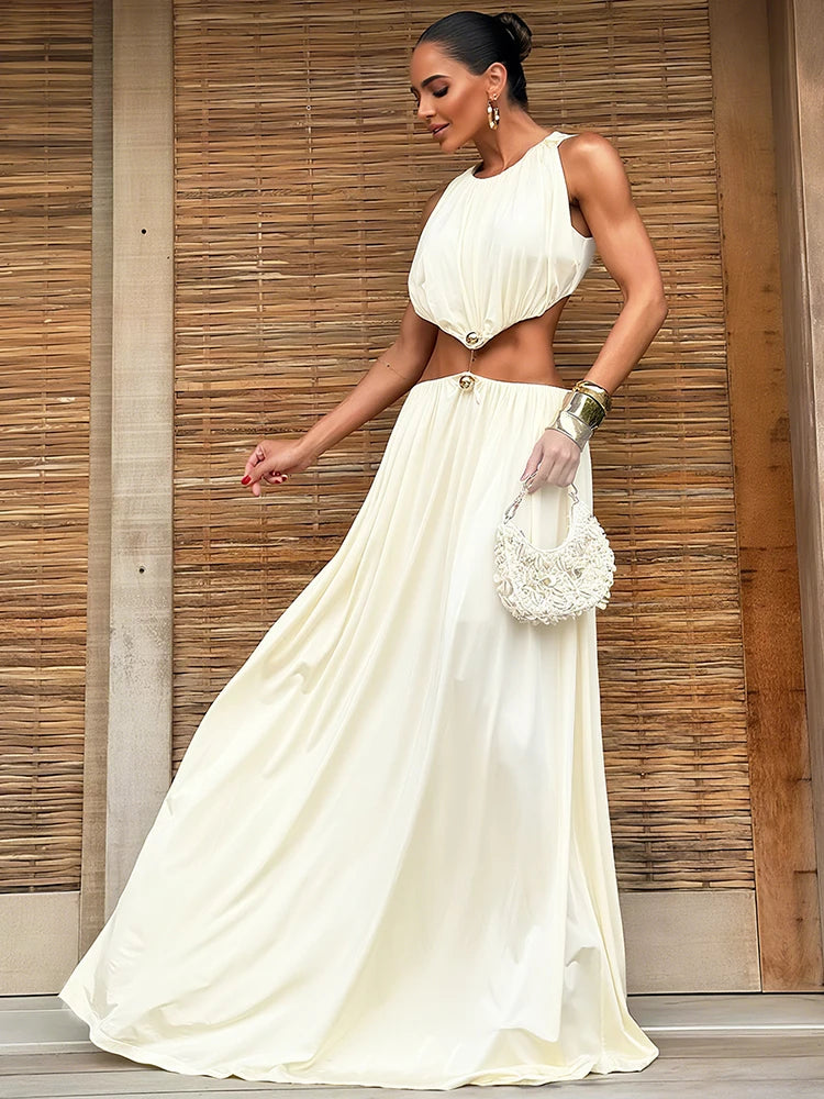 Cutenew Shirring Splice Women Maxi Dresses Classic Solid O-neck Sleeveless Straight Vestidos Female Wild Simple Party Long Robe