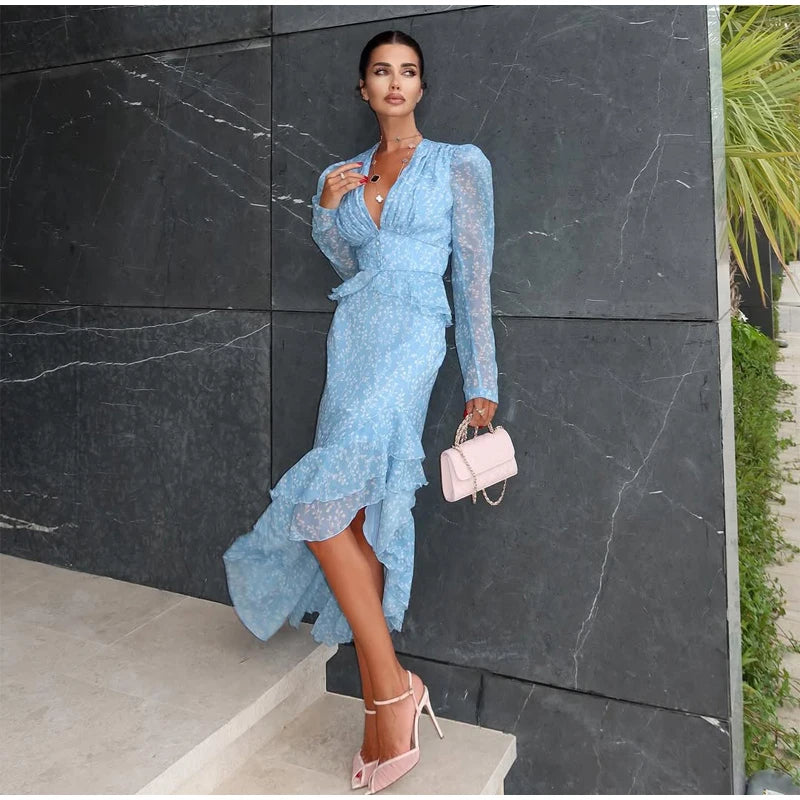 Flutter Sleeves Pleated Long Dress Women Chic Deep V-neck Floral Print Sexy Waist Cinching Vestidos Lady Holiday Street Dresses
