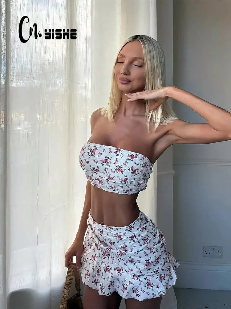 CNYISHE Printed Suits Strapless Sheath Super Short Tees Fashion Sexy Club Women Sets Skinny Casual Female 2-Pieces (Tops+Skirts)