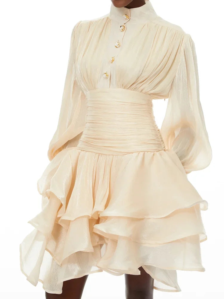 Elegant High Collar Ruffled Mini Dress Women Chic Long Puff Sleeves Waist Cinching A-line Dresses 2026 Lady Evening Dinner Gowns