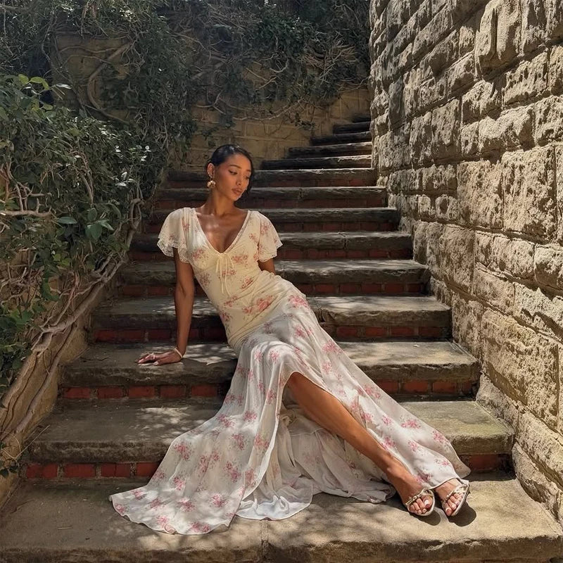 Flutter Sleeves Pleated Long Dress Women Chic Deep V-neck Floral Print Sexy Waist Cinching Vestidos Lady Holiday Street Dresses