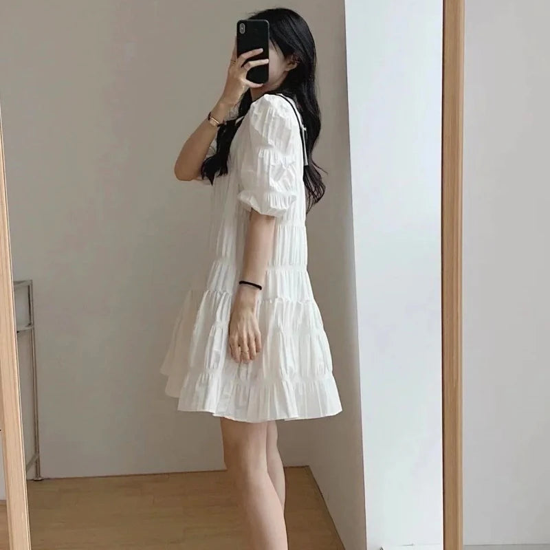 Fashion French Pleaded Dress for Women Elegant Casual Loose Short Sleeve Summer Dress Office Lady Party Dresses Robe New 27992
