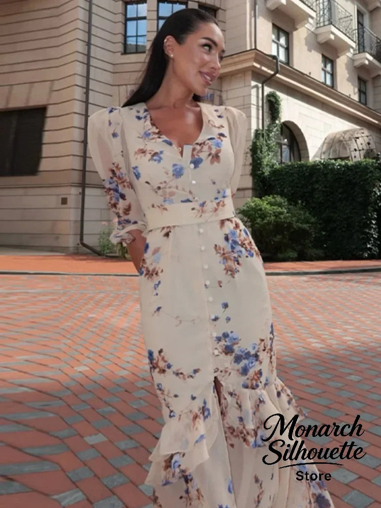 Flutter Sleeves Pleated Long Dress Women Chic Deep V-neck Floral Print Sexy Waist Cinching Vestidos Lady Holiday Street Dresses