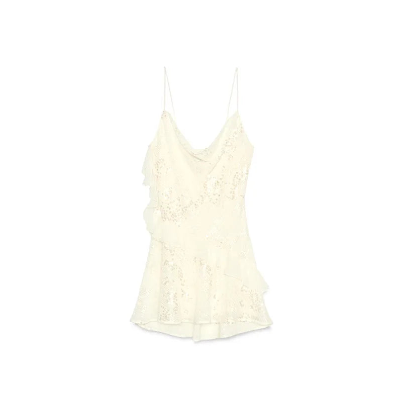Women's Sexy Sequin Ruffle Short Dress Slim Spaghetti Strap Sleeveless Backless Party Gown for Summer 2025 Elegant Female Dress