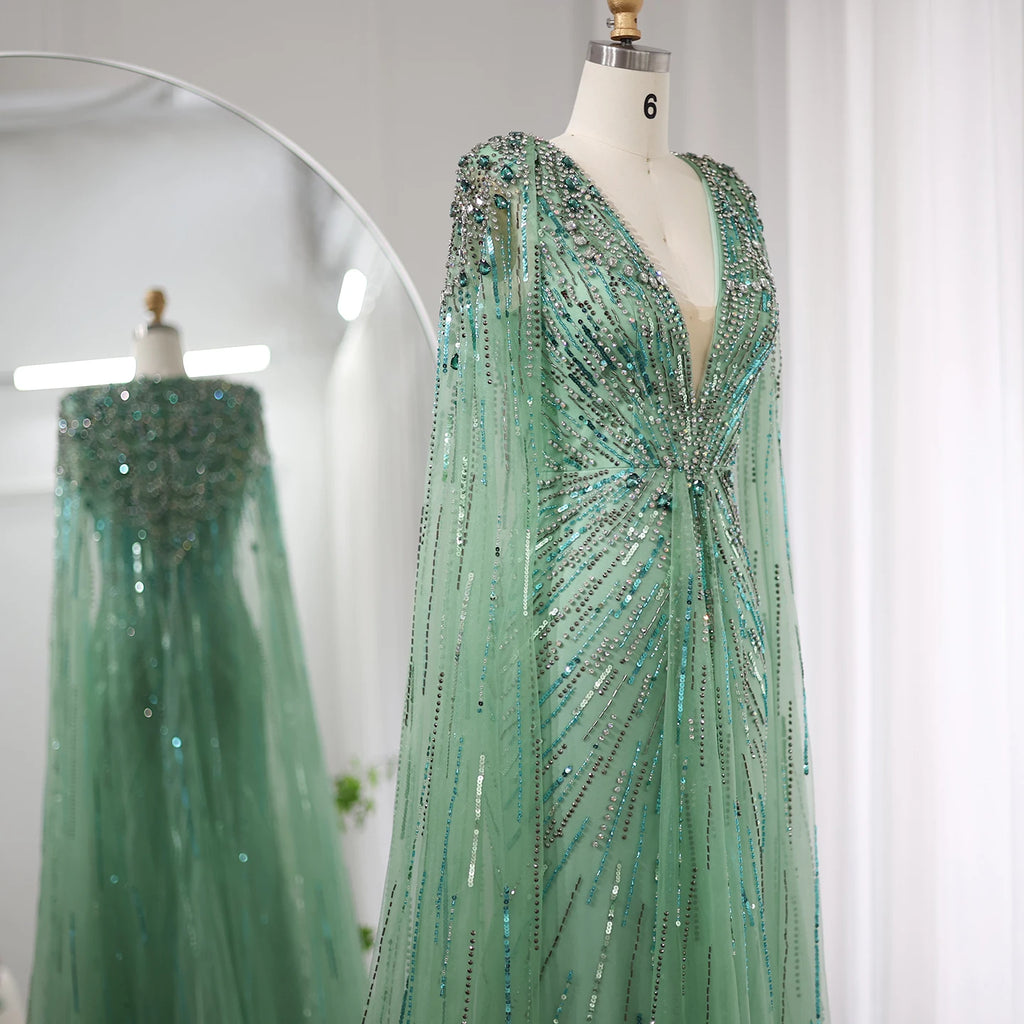 Sharon Said Luxury Dubai Sage Green Evening Dresses with Cape Fuchsia Crystal Gold Women Wedding Party Gowns SS399 Customized