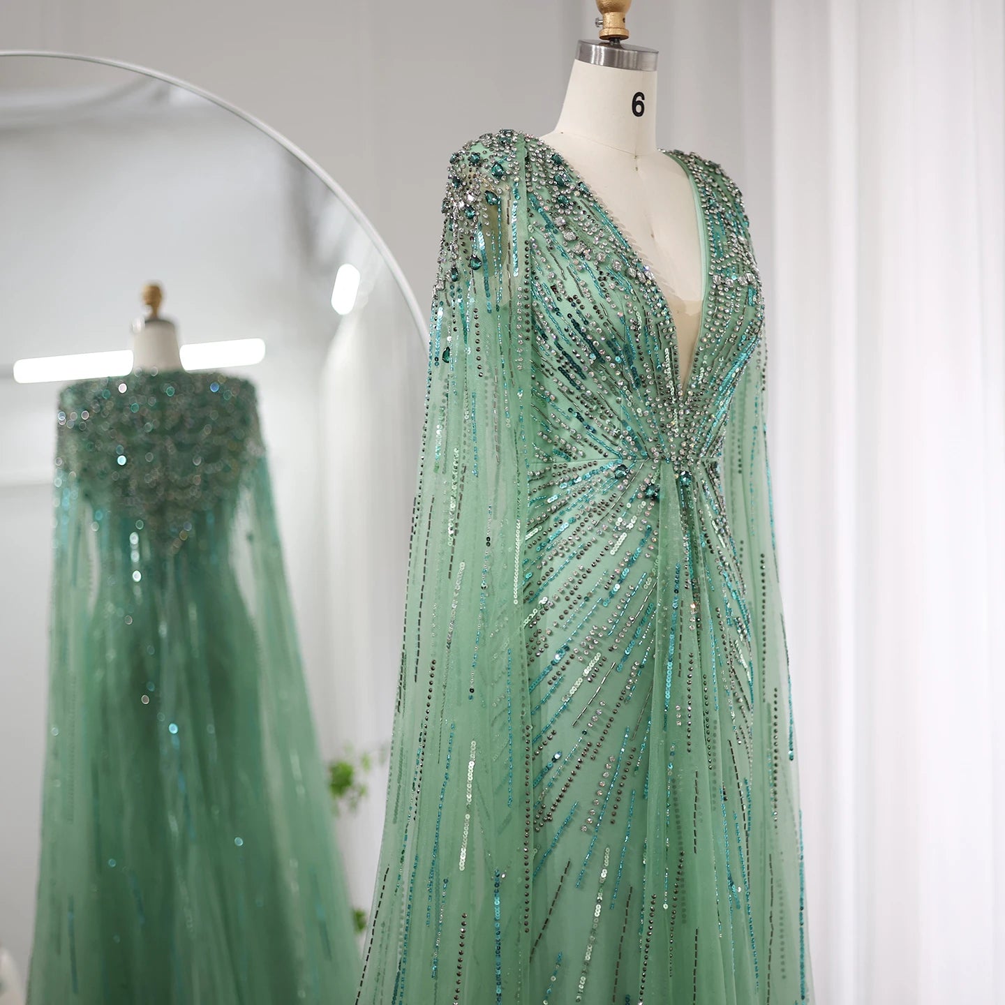 Sharon Said Luxury Dubai Sage Green Evening Dresses with Cape Fuchsia Crystal Gold Women Wedding Party Gowns SS399 Customized