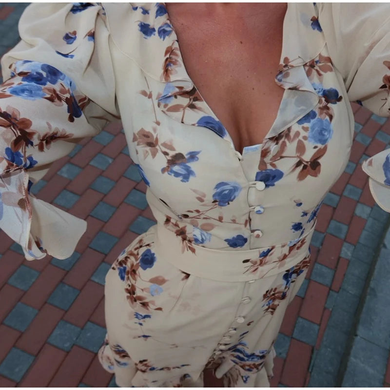 Padded Shoulder Ruffle Maxi Dress V-neck Low Slit Waist Cinching 2026 Springr Holiday Women Flowy Gown Chic Fashion Vestidoes
