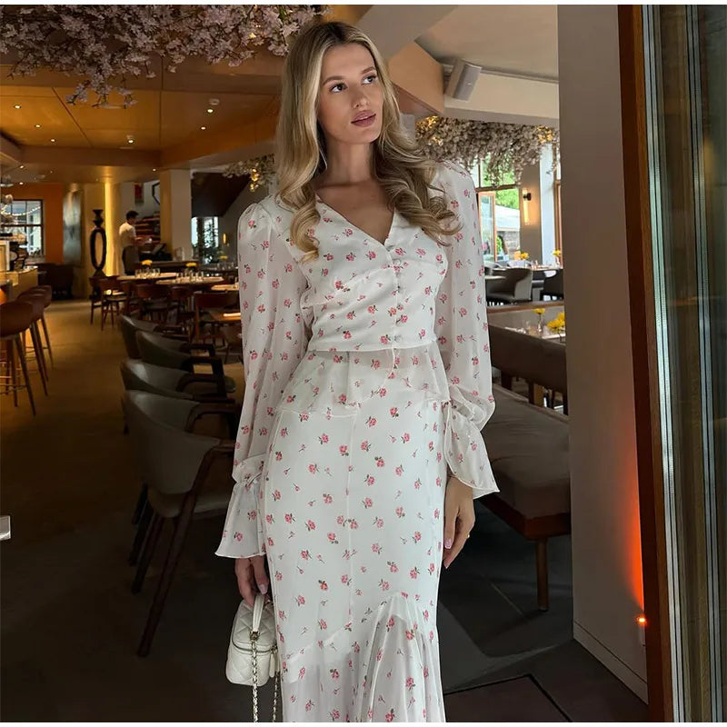 Floral Print V-Neck Flare Sleeve Mermaid Set Waist Cinched Ruffle Hem 2026 Summer Party Women Gown Retro Elegant Lady Vestido