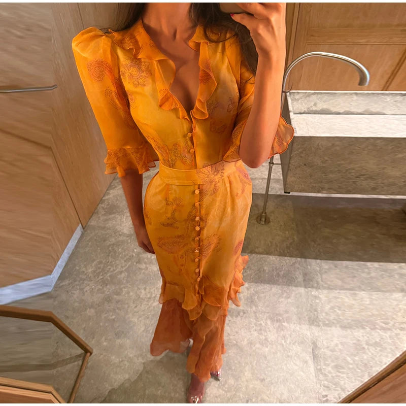 Padded Shoulder Ruffle Maxi Dress V-neck Low Slit Waist Cinching 2026 Springr Holiday Women Flowy Gown Chic Fashion Vestidoes