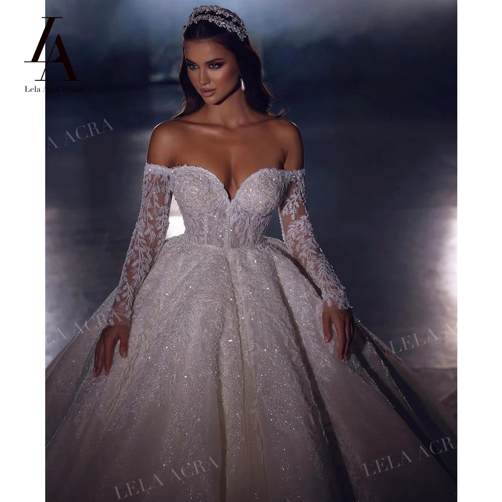 Off the Shoulder Ball Gown Wedding Dress 2026 Long Sleeve Chapel Train Princess Bride LelaAcra SM103 Custom Vestido de Noiva
