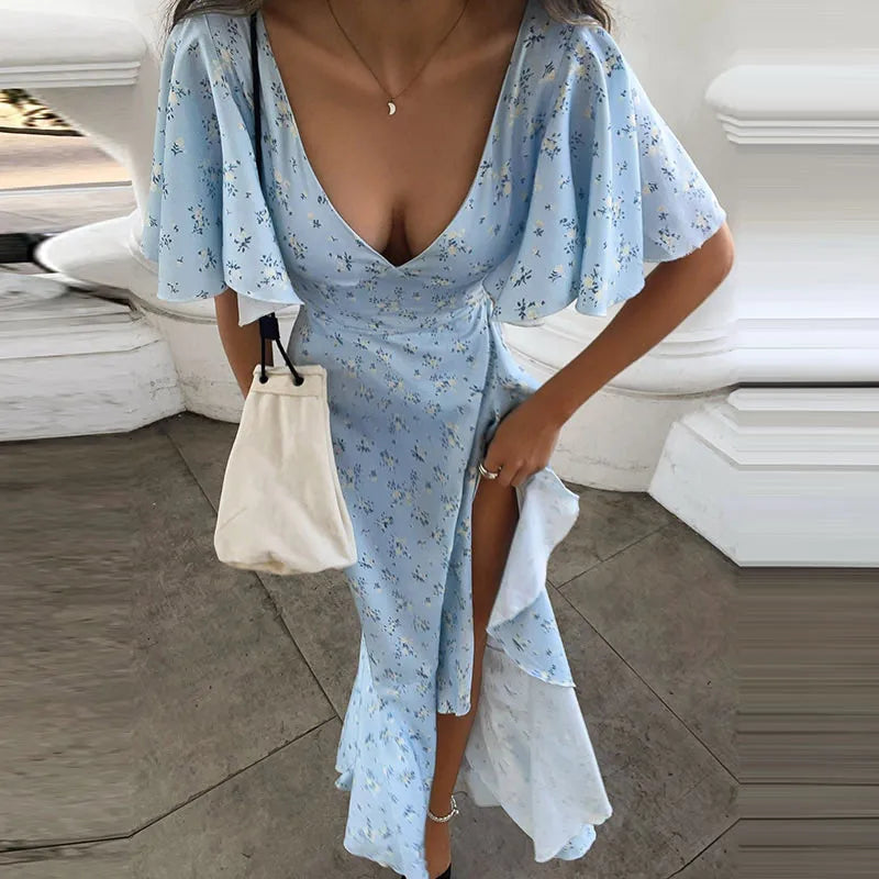 Elegant Printed Ruffles Long Women's Dress Asymmetric V-neck Flare Sleeve Slit Party Dresses 2026 Summer Floral Vacation Robes