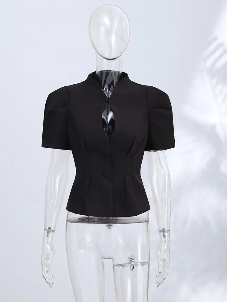 Casual Solid Hollow Out Tops Women Sexy Closed Waist Single Breasted Slim Short Sleeve Top Female 2026 Spring Summer Lady Shirts