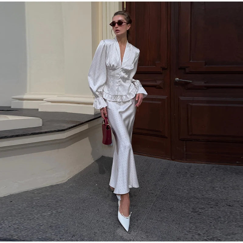Floral Print V-Neck Flare Sleeve Mermaid Set Waist Cinched Ruffle Hem 2026 Summer Party Women Gown Retro Elegant Lady Vestido