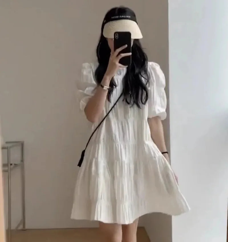 Fashion French Pleaded Dress for Women Elegant Casual Loose Short Sleeve Summer Dress Office Lady Party Dresses Robe New 27992