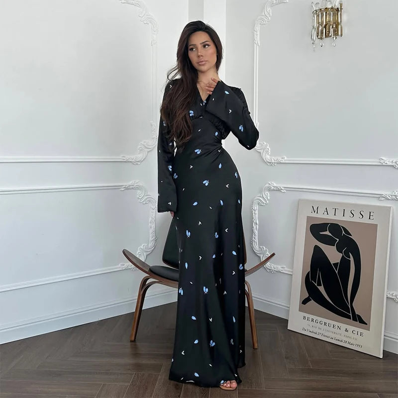 Pink Floral Print Slim Fit Dress Women Chic V-neck Ruffle Trim Flare Full Sleeves Ruched Slit Long Dresses Lady Elegant Wear New