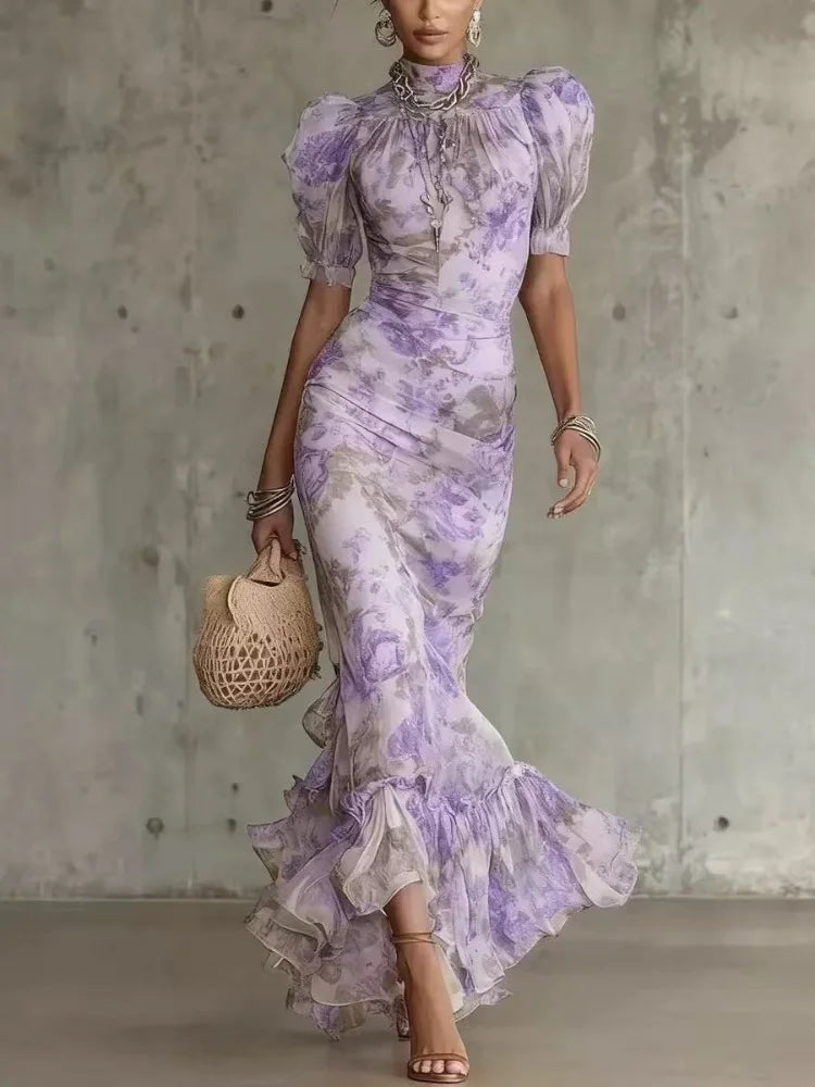 Pink Floral Print Slim Fit Dress Women Chic V-neck Ruffle Trim Flare Full Sleeves Ruched Slit Long Dresses Lady Elegant Wear New