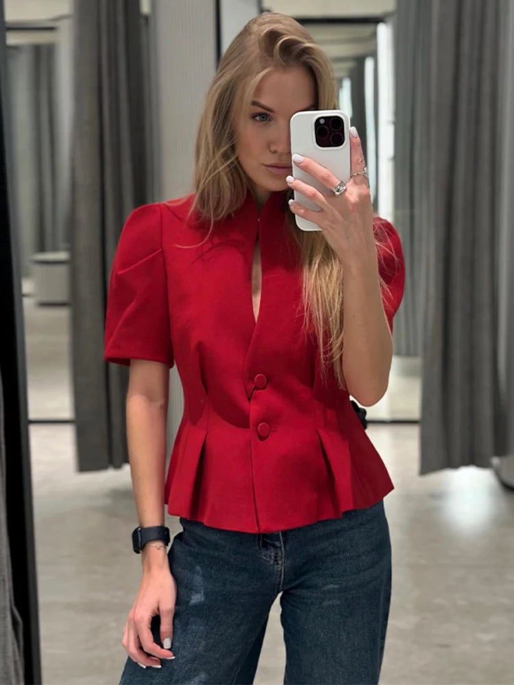 Casual Solid Hollow Out Tops Women Sexy Closed Waist Single Breasted Slim Short Sleeve Top Female 2026 Spring Summer Lady Shirts