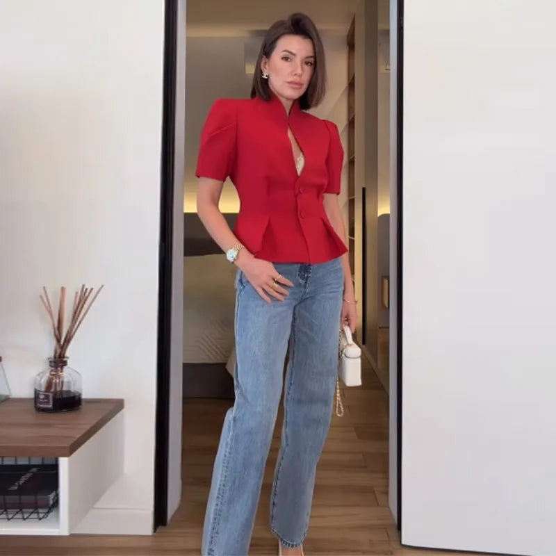 Casual Solid Hollow Out Tops Women Sexy Closed Waist Single Breasted Slim Short Sleeve Top Female 2026 Spring Summer Lady Shirts