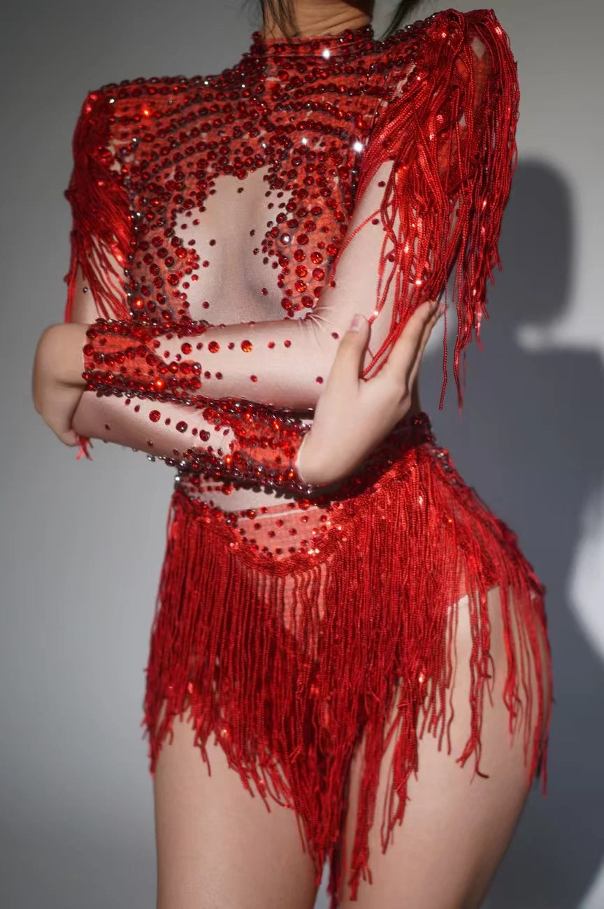 Sexy Elastic Rhinestone Tassel Party Bodysuit OutfiSet Women Nightclub Prom Crystal Fringe LeotardDance Stage Wear Nainiang Q025
