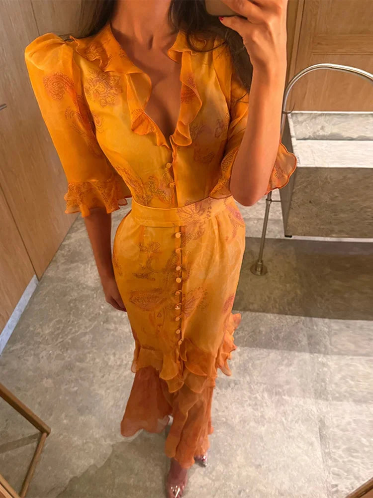 Women Orange Paisley Print Short Sleeve Maxi Dress Fashion V-neck Ruffle Trim Belted Slit Hem Dresses 2026 Lady Vacation Gown