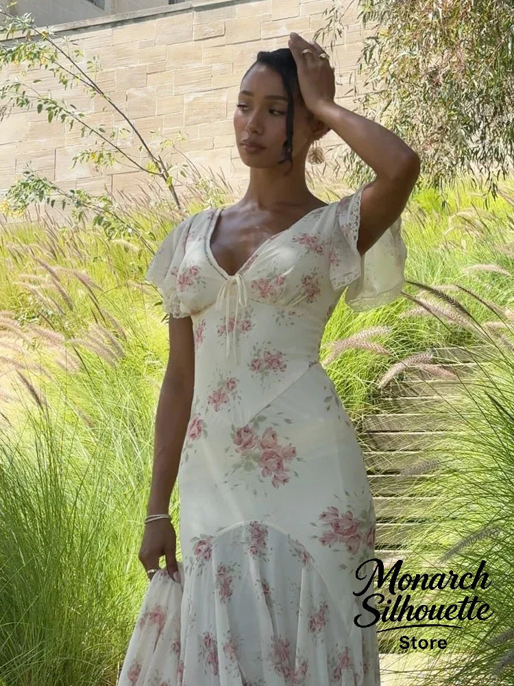 Flutter Sleeves Pleated Long Dress Women Chic Deep V-neck Floral Print Sexy Waist Cinching Vestidos Lady Holiday Street Dresses