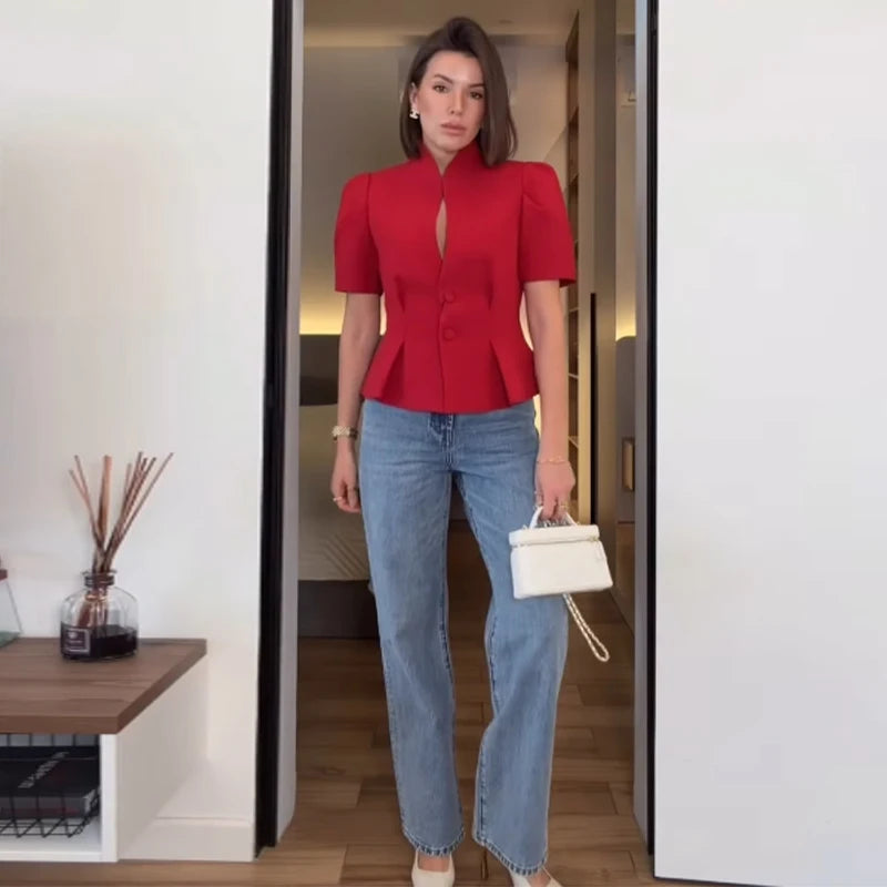 Casual Solid Hollow Out Tops Women Sexy Closed Waist Single Breasted Slim Short Sleeve Top Female 2026 Spring Summer Lady Shirts