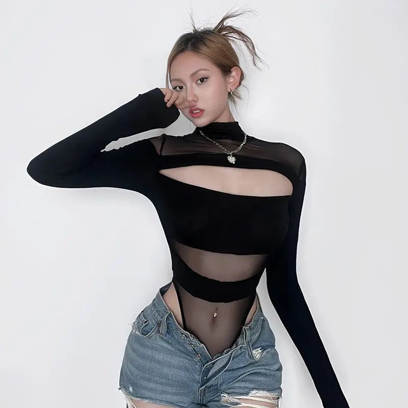Women's Long Sleeve Onesie Hollow out Slim Fit Pure Desirable Sexy Mesh Top American Retro INS Transparent Design T-shirt