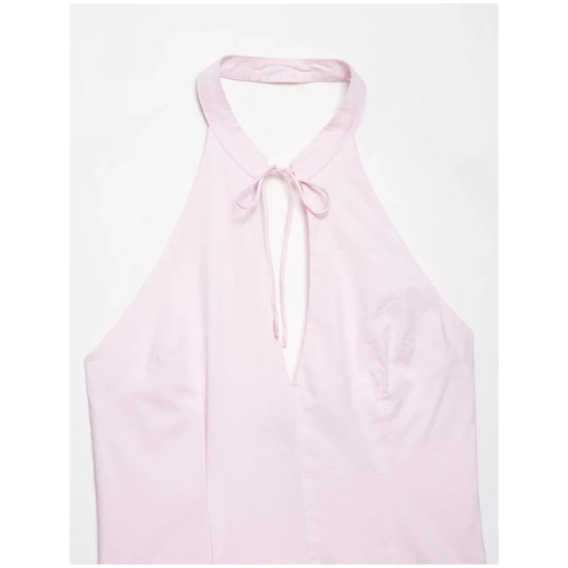 Pink Chic Halter Mini Dress Lady Backless Off-shoulder Hollow Out Lace Up Pleated Bubble Vestidos Women Party Club Dresses