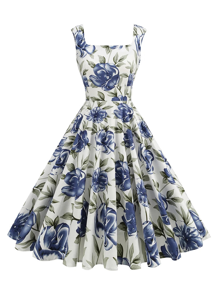 Tonval Lemon Print 40s 50s Pinup Vintage Women Cotton Dresses Square Neck Summer Sleeveless High Waist Elegant Party Dress