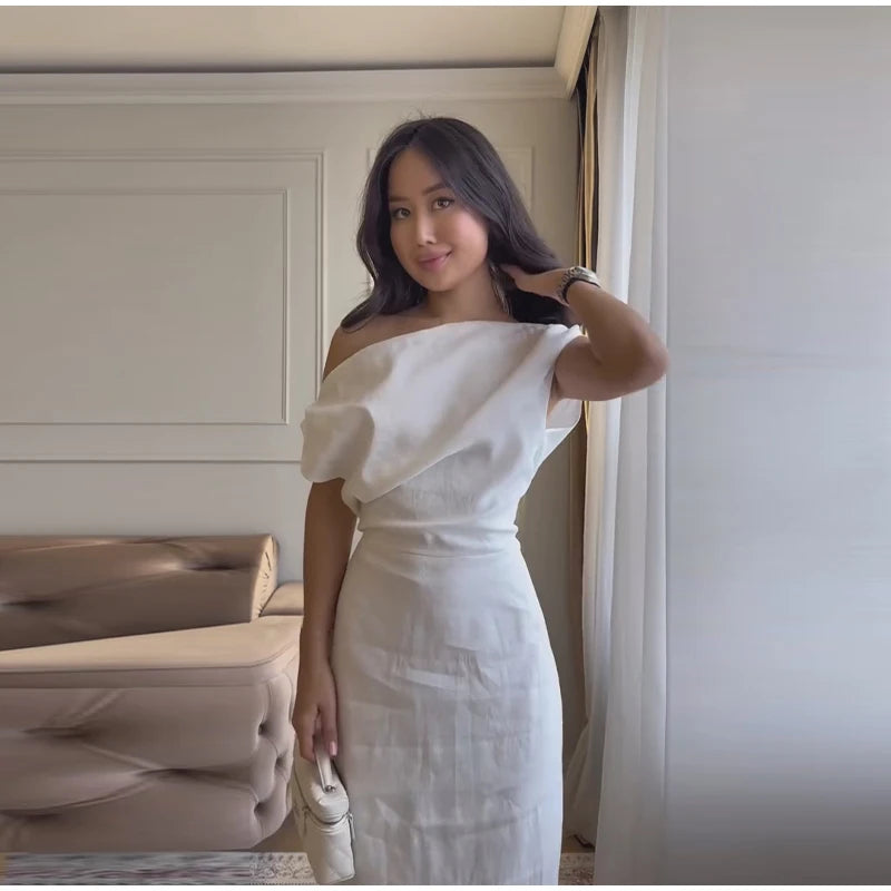 Elegant One Shoulder Solid Dress Women's Waist-cinching Side Split Ankle-length Dresses 2026 Summer New Lady Casual Cozy Robes