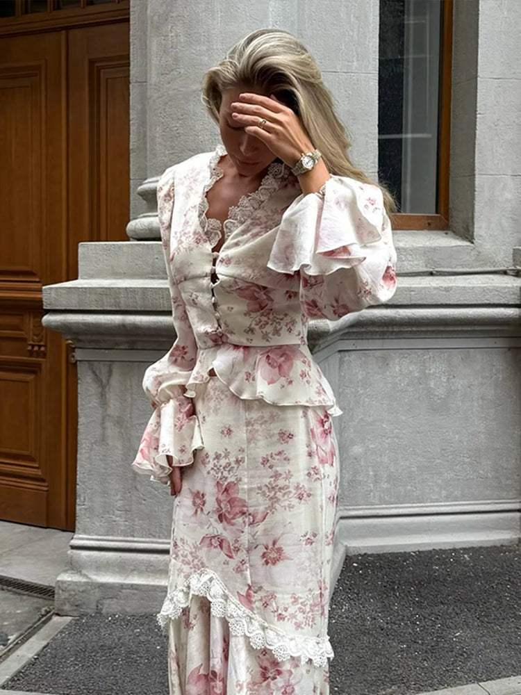Floral Print V-Neck Flare Sleeve Mermaid Set Waist Cinched Ruffle Hem 2026 Summer Party Women Gown Retro Elegant Lady Vestido