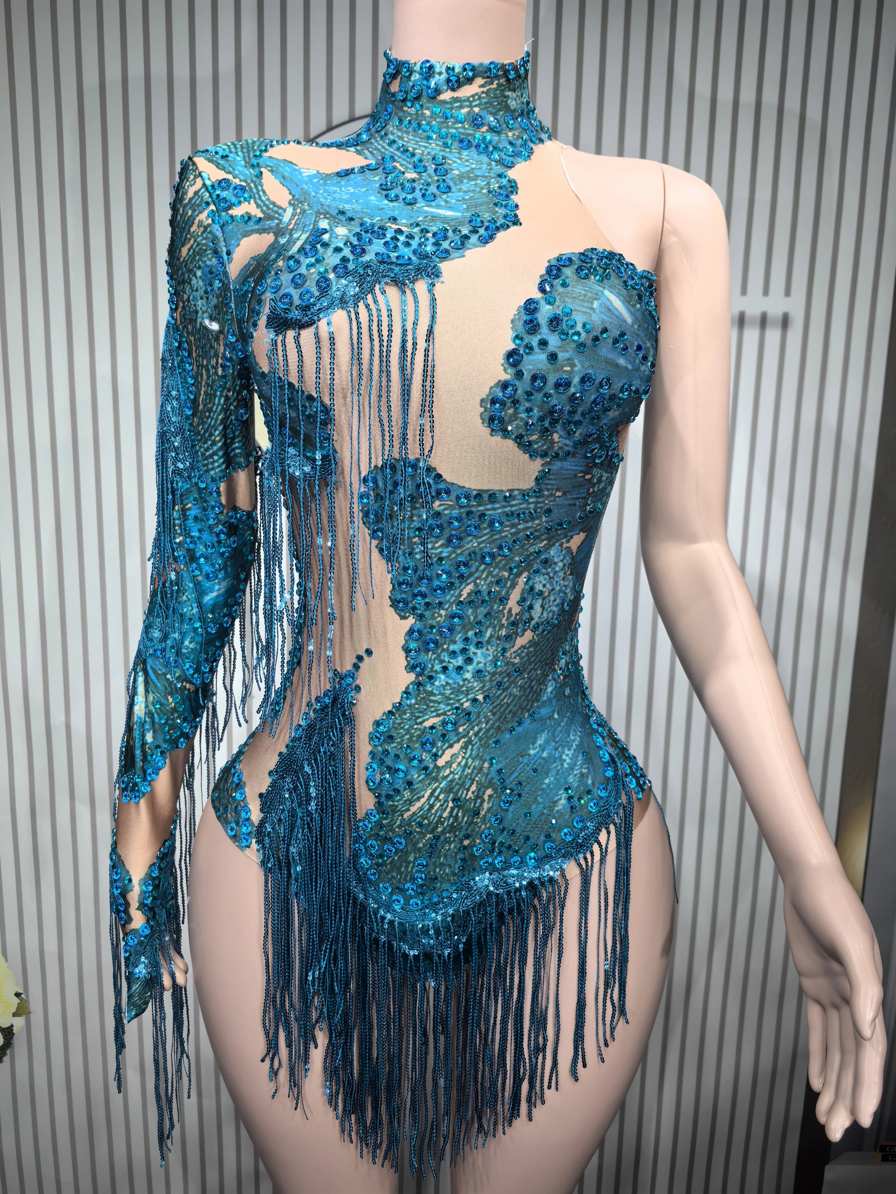 Sexy Elastic Rhinestone Tassel Party Bodysuit OutfiSet Women Nightclub Prom Crystal Fringe LeotardDance Stage Wear Nainiang Q025