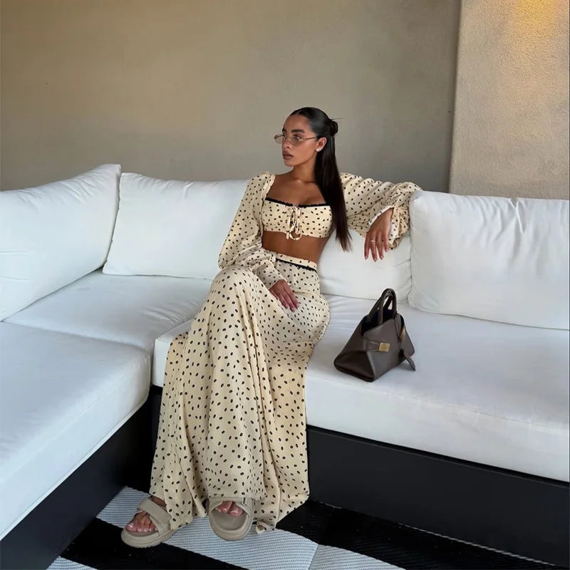 Sexy Polka Dot Cropped Top Long Skirt Women Lantern Sleeve Slash Neck Lace Up Top Maxi Skirts 2026 Summer Lady Beach Outfits
