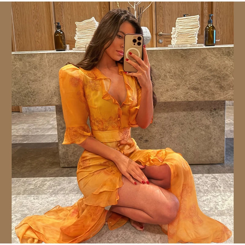 Padded Shoulder Ruffle Maxi Dress V-neck Low Slit Waist Cinching 2026 Springr Holiday Women Flowy Gown Chic Fashion Vestidoes