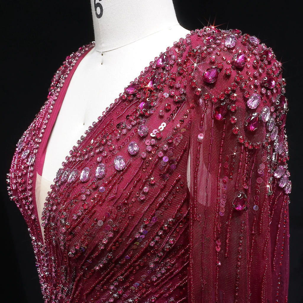 Sharon Said Luxury Dubai Sage Green Evening Dresses with Cape Fuchsia Crystal Gold Women Wedding Party Gowns SS399 Customized