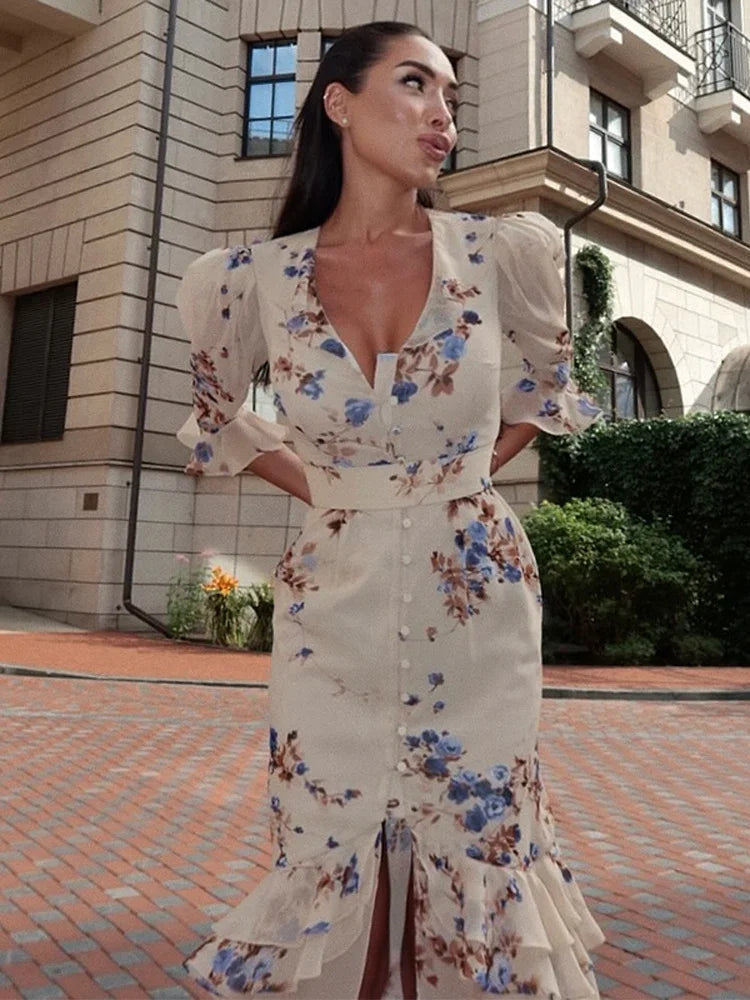 Women Orange Paisley Print Short Sleeve Maxi Dress Fashion V-neck Ruffle Trim Belted Slit Hem Dresses 2026 Lady Vacation Gown
