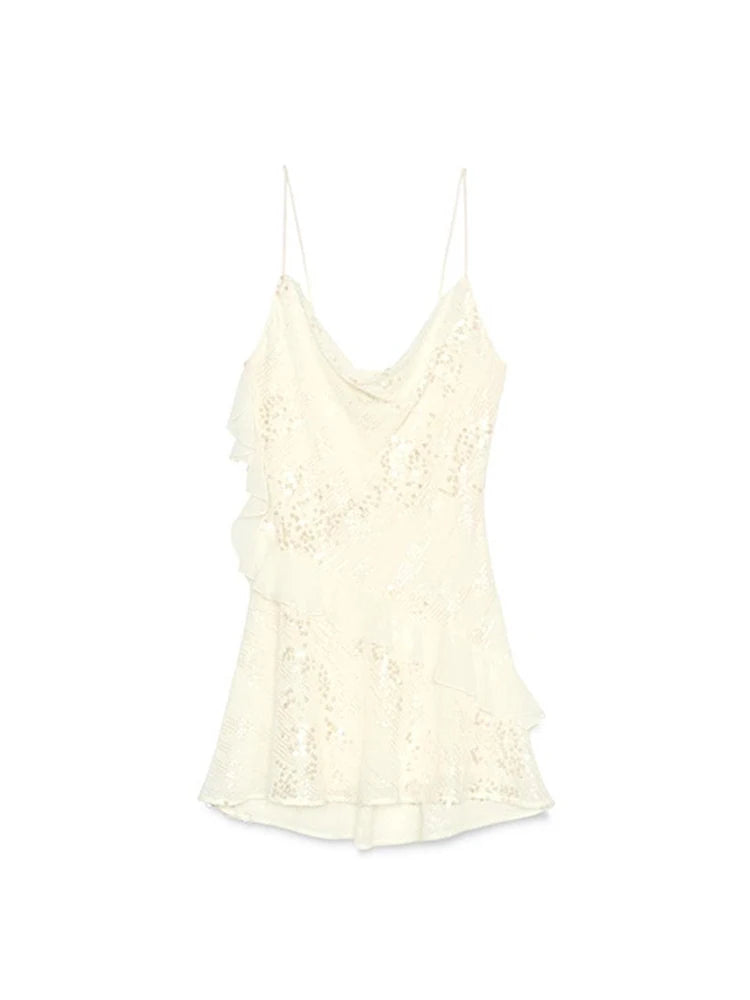 Women's Sexy Sequin Ruffle Short Dress Slim Spaghetti Strap Sleeveless Backless Party Gown for Summer 2025 Elegant Female Dress