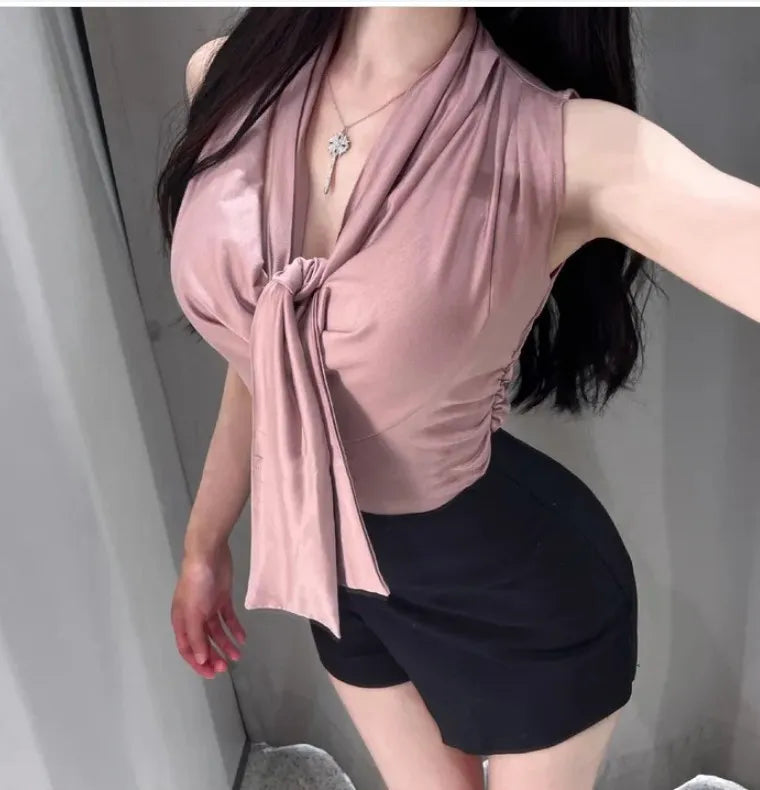 Dongda Gate Pure Desire Sexy Woman Flavor Sleeveless T-shirt Upper Body with Sash Ladylike Temperament Commuter Style Regular...