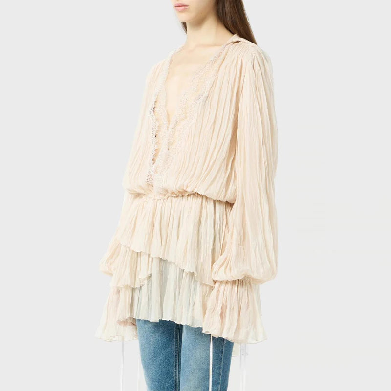 Elegant Beige Pleated Ruffle Mini Dresses Women Lace Trim V Neck Long Sleeve Boho Casual Boho Beach Dress Chic Daily Streetwear