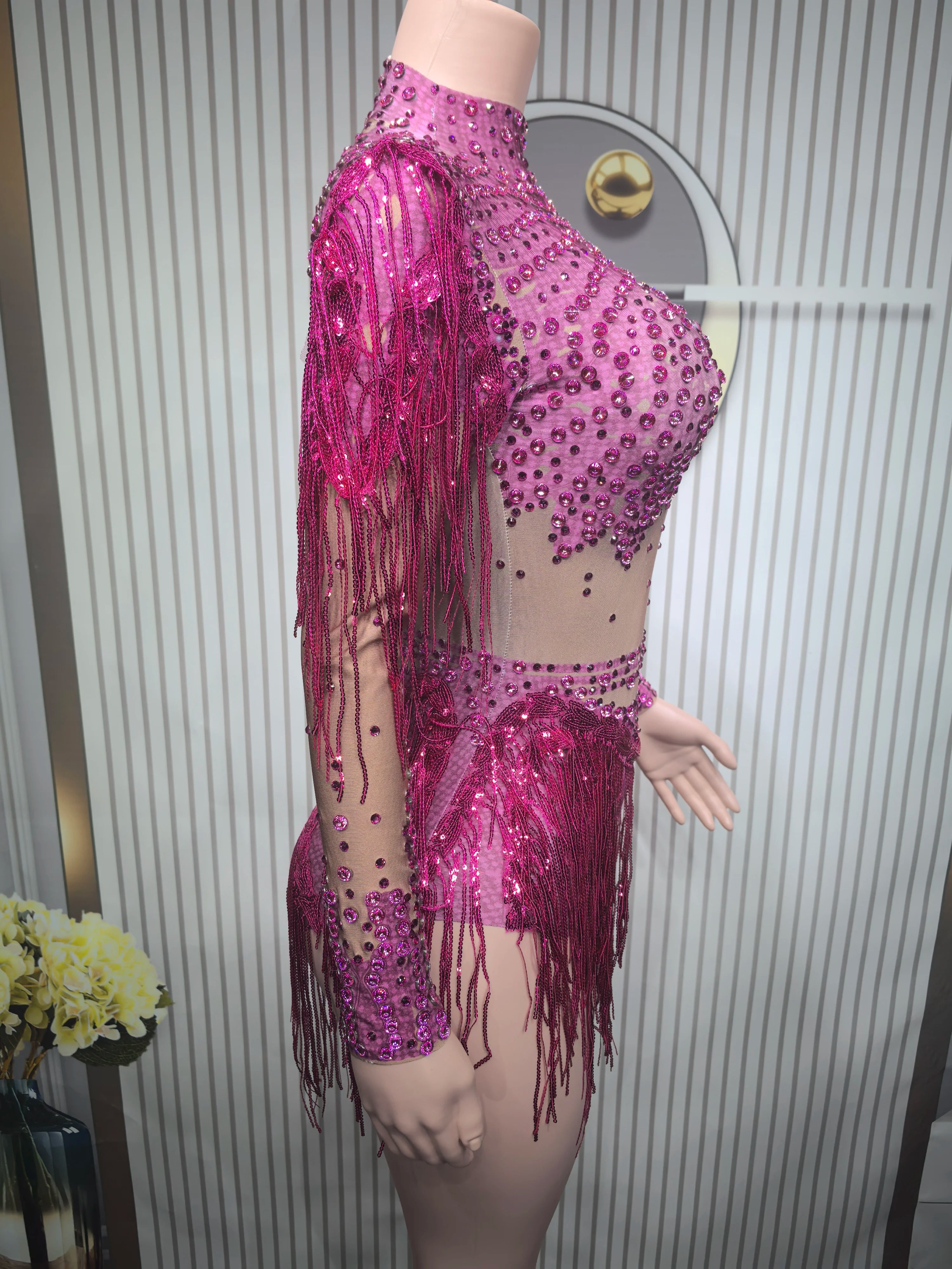 Sexy Elastic Rhinestone Tassel Party Bodysuit OutfiSet Women Nightclub Prom Crystal Fringe LeotardDance Stage Wear Nainiang Q025