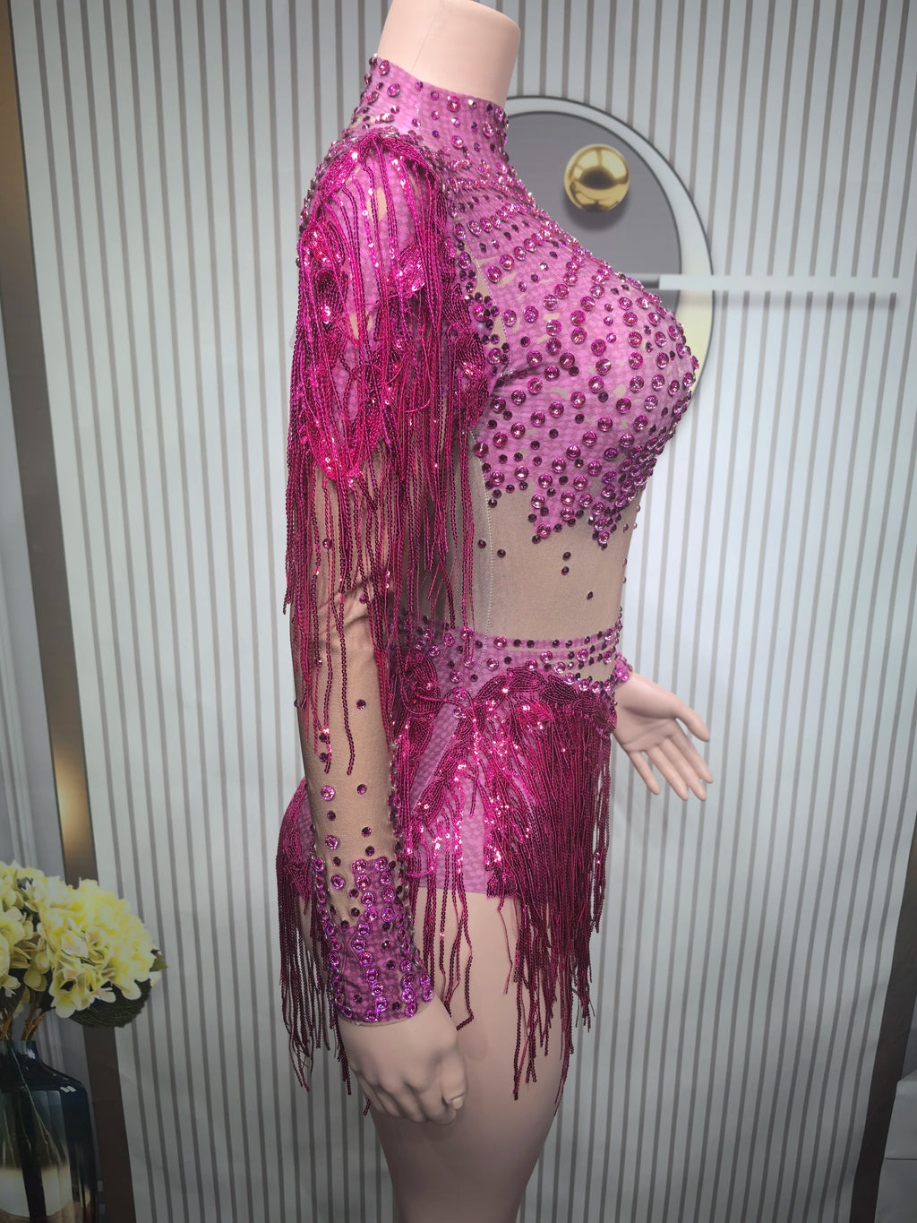Sexy Elastic Rhinestone Tassel Party Bodysuit OutfiSet Women Nightclub Prom Crystal Fringe LeotardDance Stage Wear Nainiang Q025