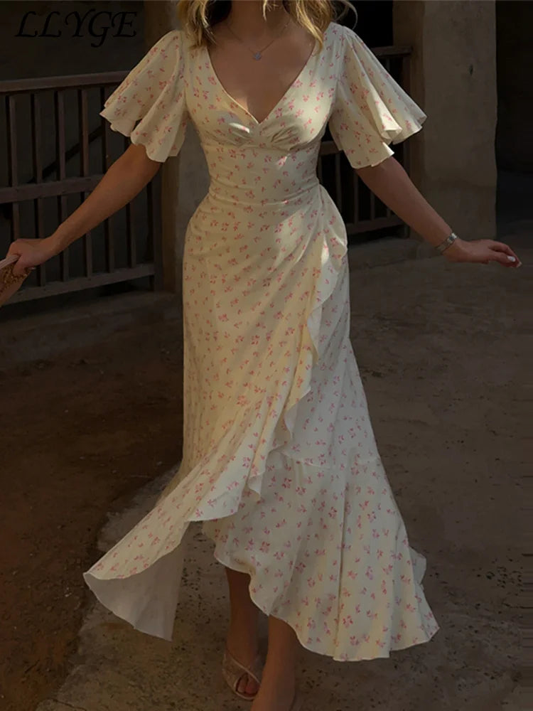Elegant Printed Ruffles Long Women's Dress Asymmetric V-neck Flare Sleeve Slit Party Dresses 2026 Summer Floral Vacation Robes
