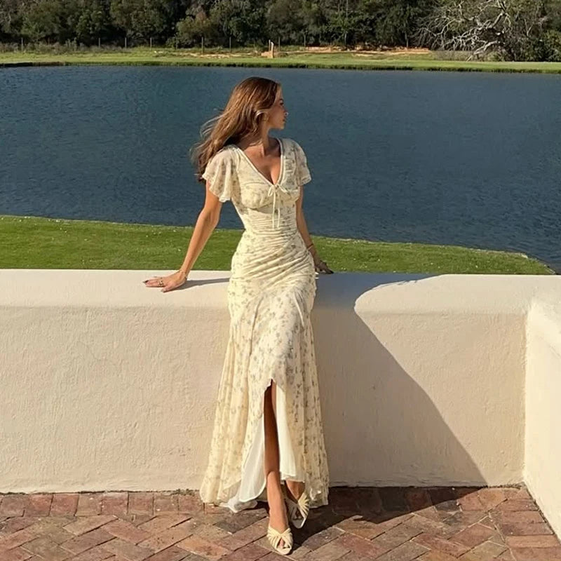 Flutter Sleeves Pleated Long Dress Women Chic Deep V-neck Floral Print Sexy Waist Cinching Vestidos Lady Holiday Street Dresses
