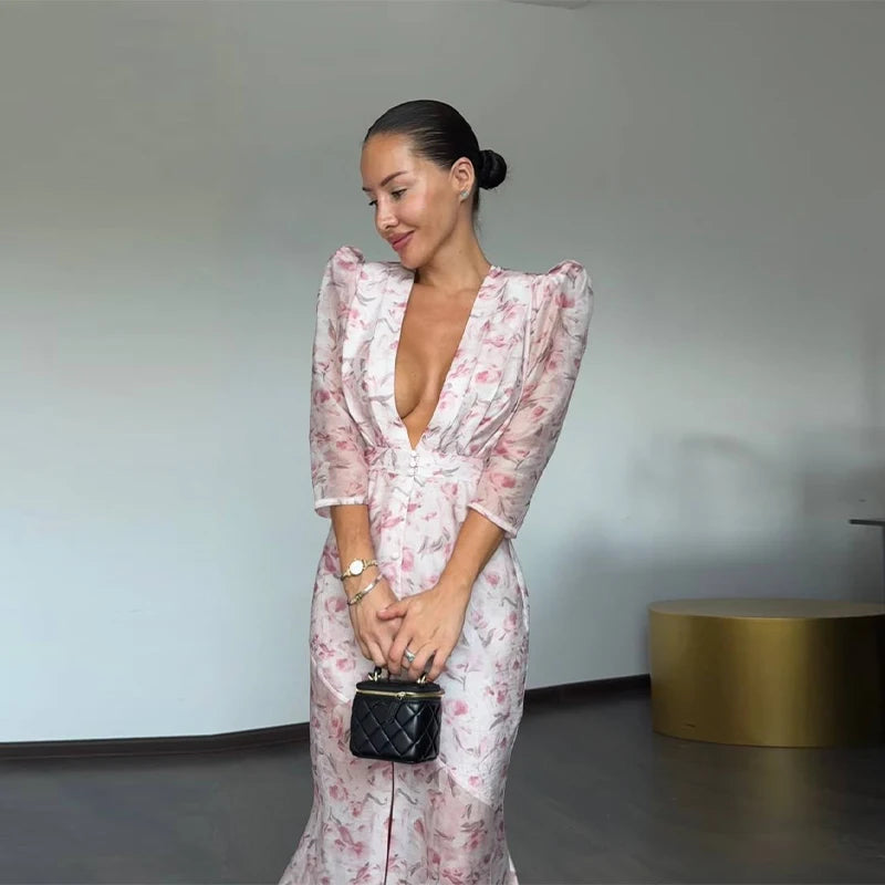 Elegant Printed Women's Dress Organza Deep V-neck Half Sleeved Waist Cinched Pleated Dresses 2026 Summer Lady Holiday Party Robe