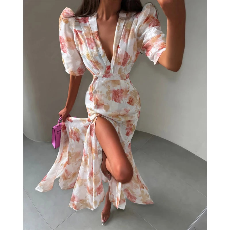 Pink Floral Print Slim Fit Dress Women Chic V-neck Ruffle Trim Flare Full Sleeves Ruched Slit Long Dresses Lady Elegant Wear New