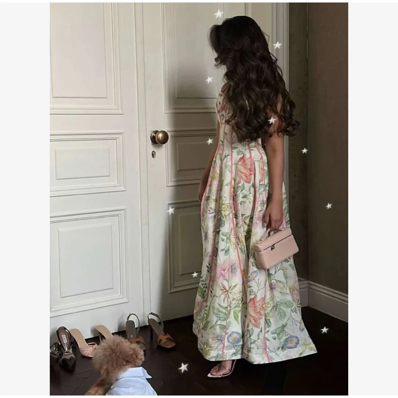 Printed Sleeveless Halter Long Dress Women Chic Waist Cinching A-line Sling Slim Fit Dresses Lady Spring Summer Vacation Gown