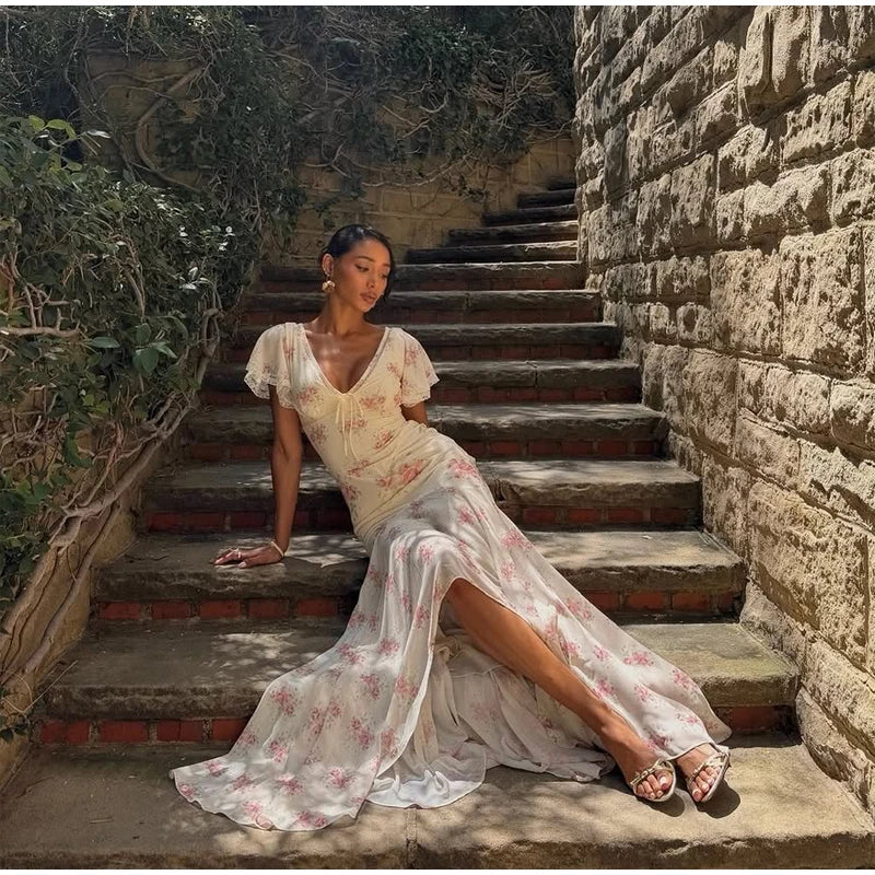 Pink Floral Print Slim Fit Dress Women Chic V-neck Ruffle Trim Flare Full Sleeves Ruched Slit Long Dresses Lady Elegant Wear New