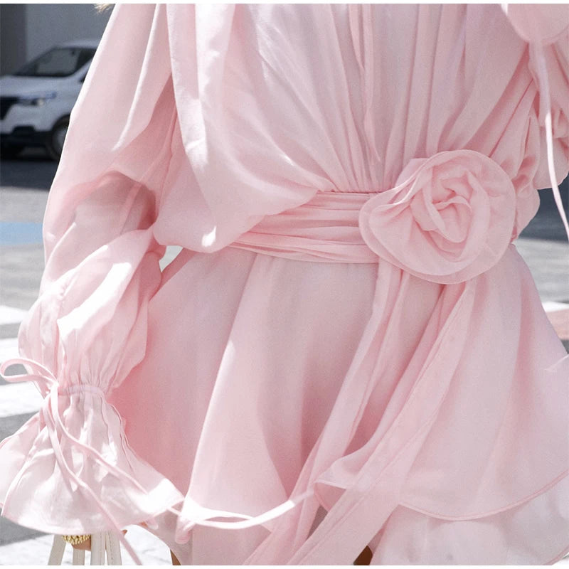 Elegant Pink Hollow Out Dress 2025 Lady 3d Flower A-line Mini Vestidos Women's Chic Long Sleeve O-neck Ruffles Hem Party Dresses